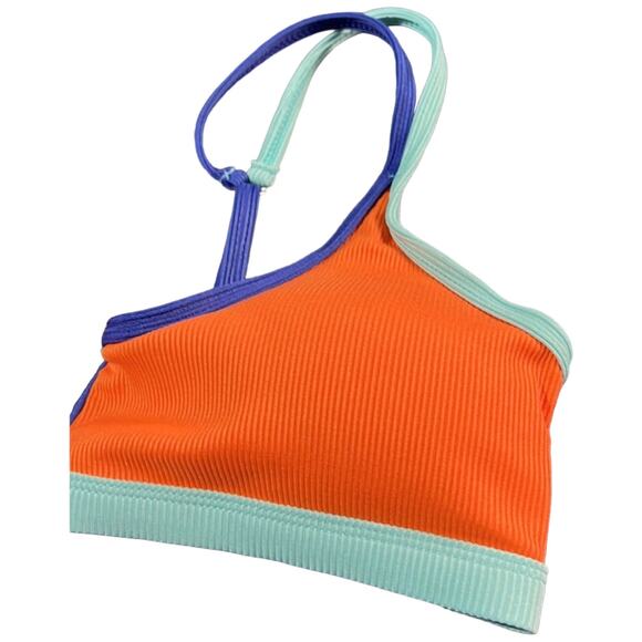 Color Block Bikini Top Orange Blue Retro V-Cut Athletic Swim Medium Ribbed - Picture 12 of 16